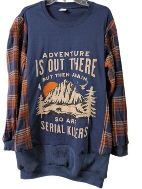 Oversized Graphic Sweatshirt Mini Dress Plaid Sleeve Upcycled Grunge Cozy Top